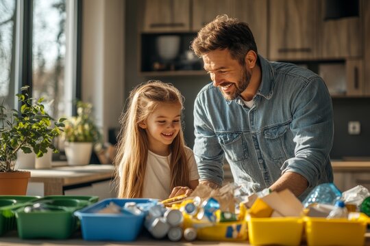 Happy Father and Daughter Sorting Recyclables Together at Home
