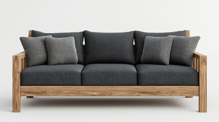 Wooden sofa with dark pillows in scandi style living room illustration