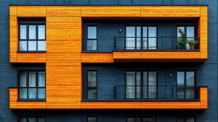 Fototapeta premium Modern apartment building exterior with orange wood accents