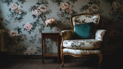 Cozy living room corner with floral wallpaper and vintage armchair in morning light