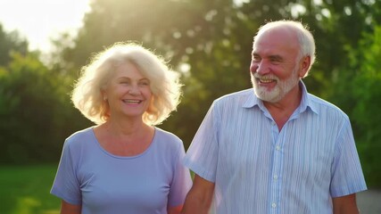 Happy senior couple walking outdoors and smiling in summer sunlight
- Powered by Adobe