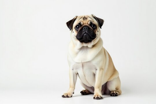 Adorable pug dog sits alone, white background, short-nosed, flat-faced