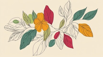 Obraz premium Botanical arts. Hand drawn continuous line drawing of abstract flower, floral, rose, tropical leaves, spring and autumn leaf, bouquet of olives. Vector illustration. illustration