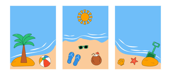 Fototapeta premium Summer set of beach elements and view to the sea