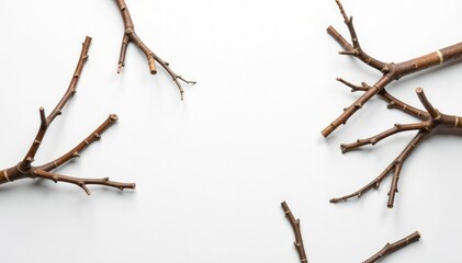 Branches scattered across a plain white surface, disorder, messy