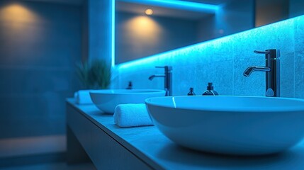 Modern bathroom sinks with blue lighting