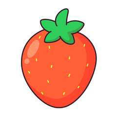 Strawberry cartoon illustration with green leaves and red body, sweet fruit design, isolated on transparent background.