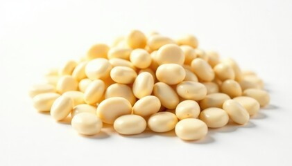Fototapeta premium Close-up of a pile of creamy white beans against a stark white backdrop, culinary, pile