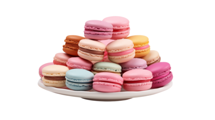 A stacked assortment of colorful macarons on a white circular plate isolated on transparent background	