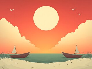 Boat on Beach at Sunset Illustration