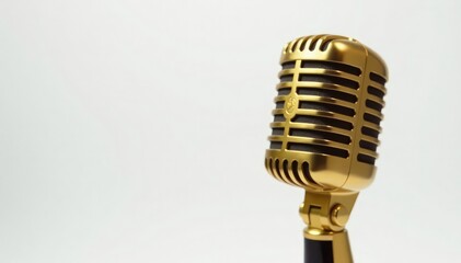 Fototapeta premium Close-up shot of a single gold microphone isolated on white , microphone, studio