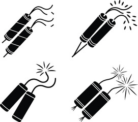 Set of Traditional Firecracker Silhouettes with Sparks – Clean Black Vector Icons on White Background