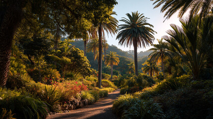 Fototapeta premium Lush tropical garden pathway illuminated by morning sunlight in serene nature