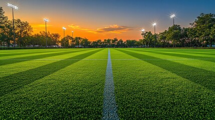Naklejka premium Grassy sports field with striping under colorful sunset sky