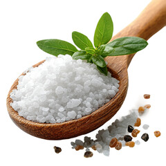 Natural sea salt with fresh herbs culinary art home kitchen close-up. Isolated on transparent background, png.