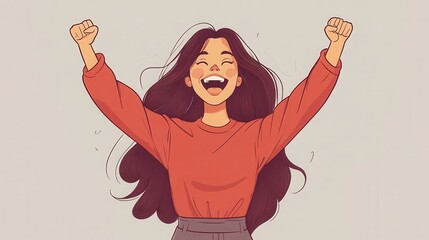 happy woman exults pumping fists ecstatic celebrates success on gray wall background illustration