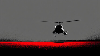 Helicopter flying over red field aerial view aviation, chopper transport air travel search rescue.