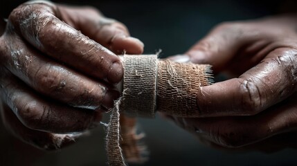 Action of unwrapping tape hands photography indoor setting close-up realistic concept