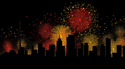 City skyline silhouette with fireworks display celebration new year, eve festive background vector art.