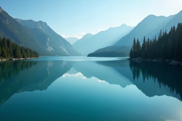 Fototapeta premium Serene Beauty from Above: A Crystal Clear Lake Reflecting Majestic Mountains and Lush Trees