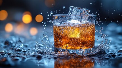 single ice cube dropped into a pre-workout drink, dramatic splash effect, cool and energetic aesthetic