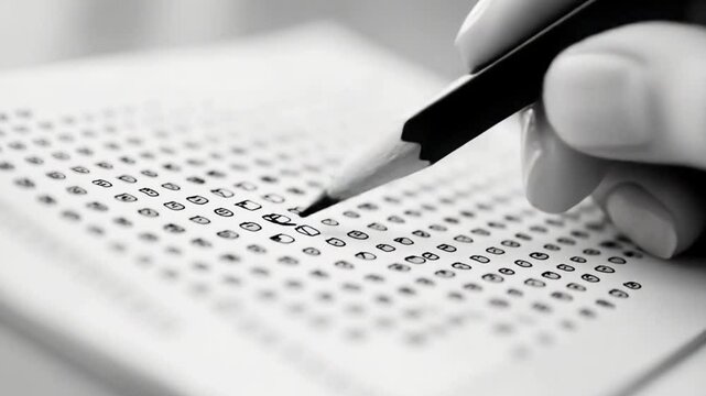 Black and white close-up shot of a hand filling out a multiple choice answer sheet with a pencil