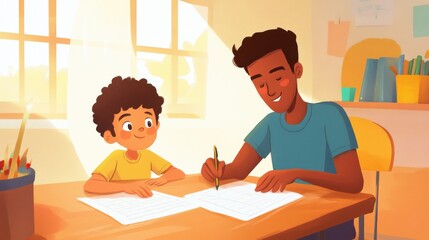 Naklejka premium Teacher helping young boy with writing lesson illustration