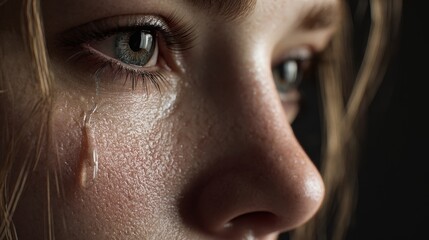 Fototapeta premium Proud moment emotional individual indoor setting realistic photograph close-up view tear streak on cheek