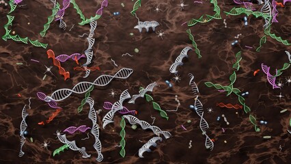 Fragments of DNA in soil underground. DNA, EDNA pieces in earth and mud. 3d render illustration.