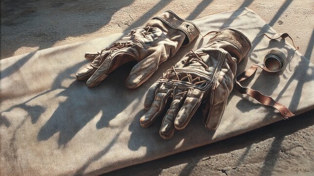 Action-packed sports gear indoor setting realistic photograph artistic lighting close-up raised gloves casting shadows