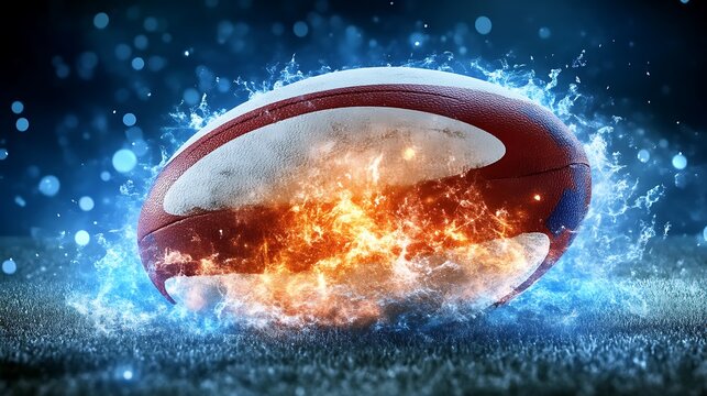 Rugby ball surrounded by fire and blue light - Powered by Adobe