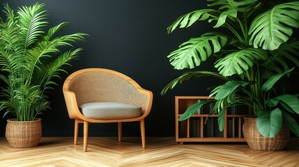 Fototapeta premium Interior scene with a chair, plants, and dark wall