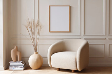 Modern empty frame for wall art mockup beside a cozy chair and decorative vase in contemporary living room interior setting