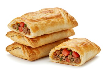 A stack of baked pastries filled with meat and vegetables on a white background close up view food photography