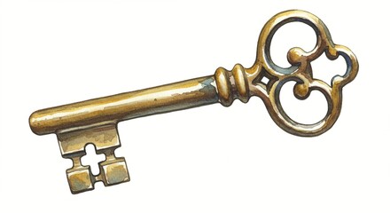 A detailed illustration of an antique-style key with intricate designs on a white surface.