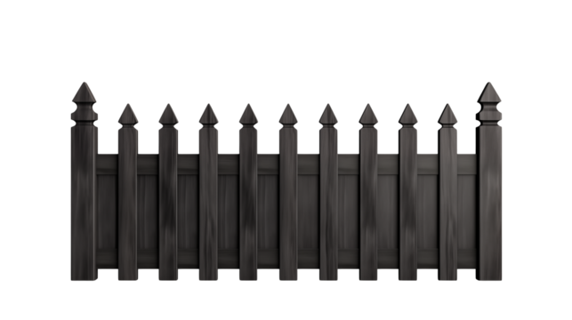 A weathered fence with pointed posts against a featureless canvas isolated on transparent background	