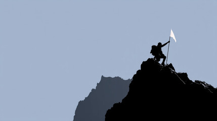 Achieving success: silhouette of hiker with flag on mountain peak, victory and accomplishment, view.