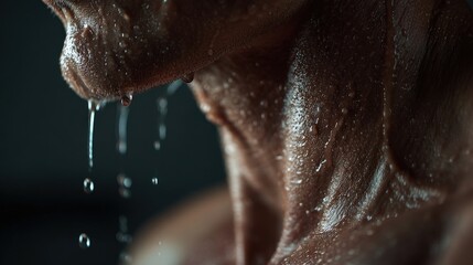 Naklejka na ściany i meble Sweat dripping from jawline fitness studio close-up photography intense workout low angle realism