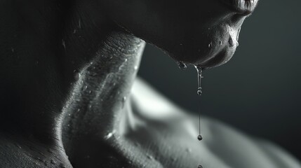 Sweat dripping from jawline fitness studio realistic photography intimate close-up dramatic lighting body focus