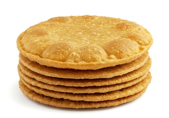 A stack of seven golden brown fried puri bread isolated on a white background, close up studio shot