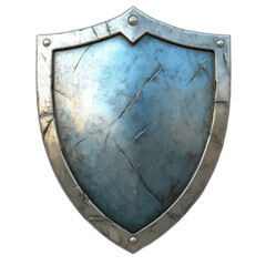 Volumetric illustration of a broken shield icon with a textured metallic finish and blue undertones