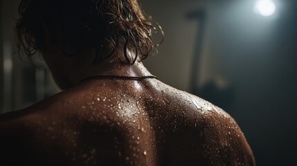 Intense workout aftermath sweat-drenched back gym realistic photograph gritty environment close-up view physical strain