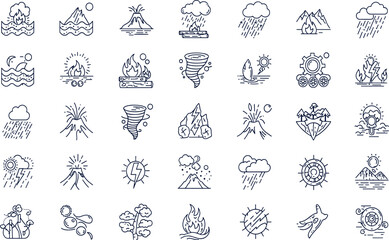 Natural disaster line icon set. Vector pictograms of extreme weather, environmental catastrophes, earthquake, wildfire, tsunami, hurricane, tornado, volcanic eruption