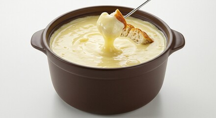A pot of warm cheese fondue with bread being dipped in the melted, gooey cheese.