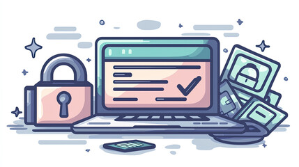 Secure online financial transaction depicted by laptop, lock, and money