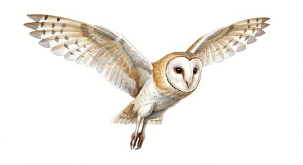 Fototapeta premium Watercolor painting of a barn owl soaring with its wings spread wide against white background.