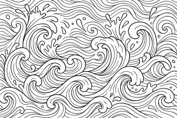 Abstract Ocean Waves and Water Drops Coloring Page - Flowing Liquid Pattern Line Art for Adults