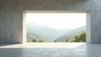 Obraz premium Abstract of concrete interior with sun light cast the shadow on the floor ,Geometric structure design, Museum space on mountains view background, Perspective of brutalism architecture