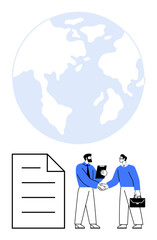 Two professionals shaking hands, holding documents beneath a pale map of Earth. Ideal for collaboration, globalization, teamwork, networking, business, contracts negotiation. Flat simple metaphor