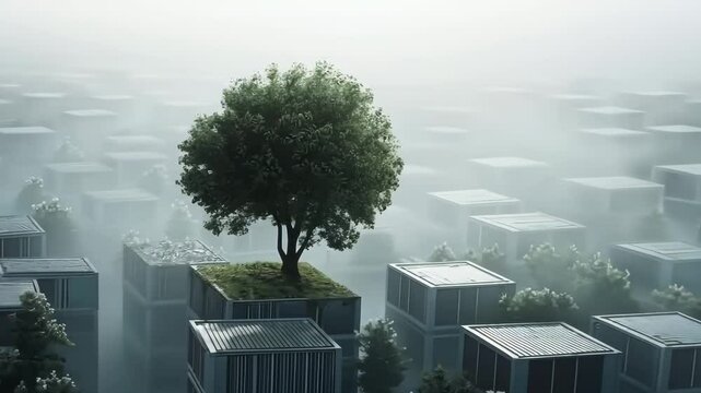 Endless rows of modular designs replace dense forest in a haunting landscape transformation